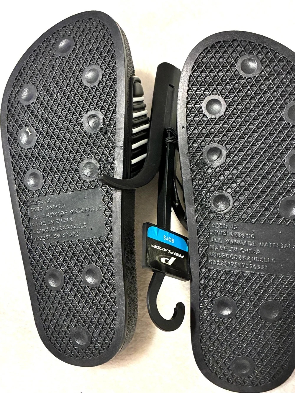 Boys Black Slide Sandals with White Stripes - Size 13